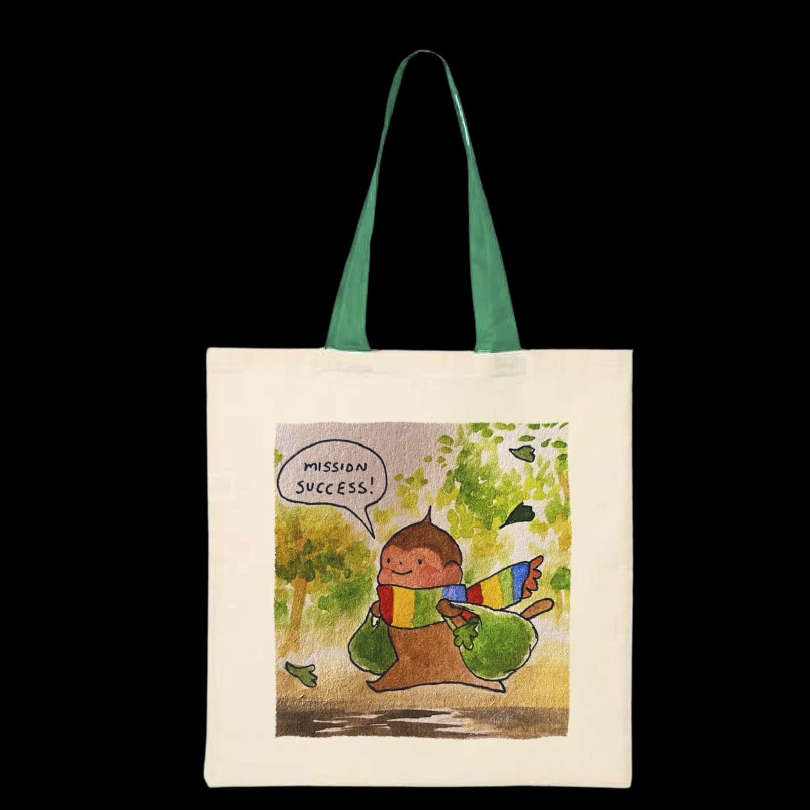 The Errands tote in natural canvas with green handles, its panel showing a figure in a striped scarf carrying two full shopping bags home through the trees