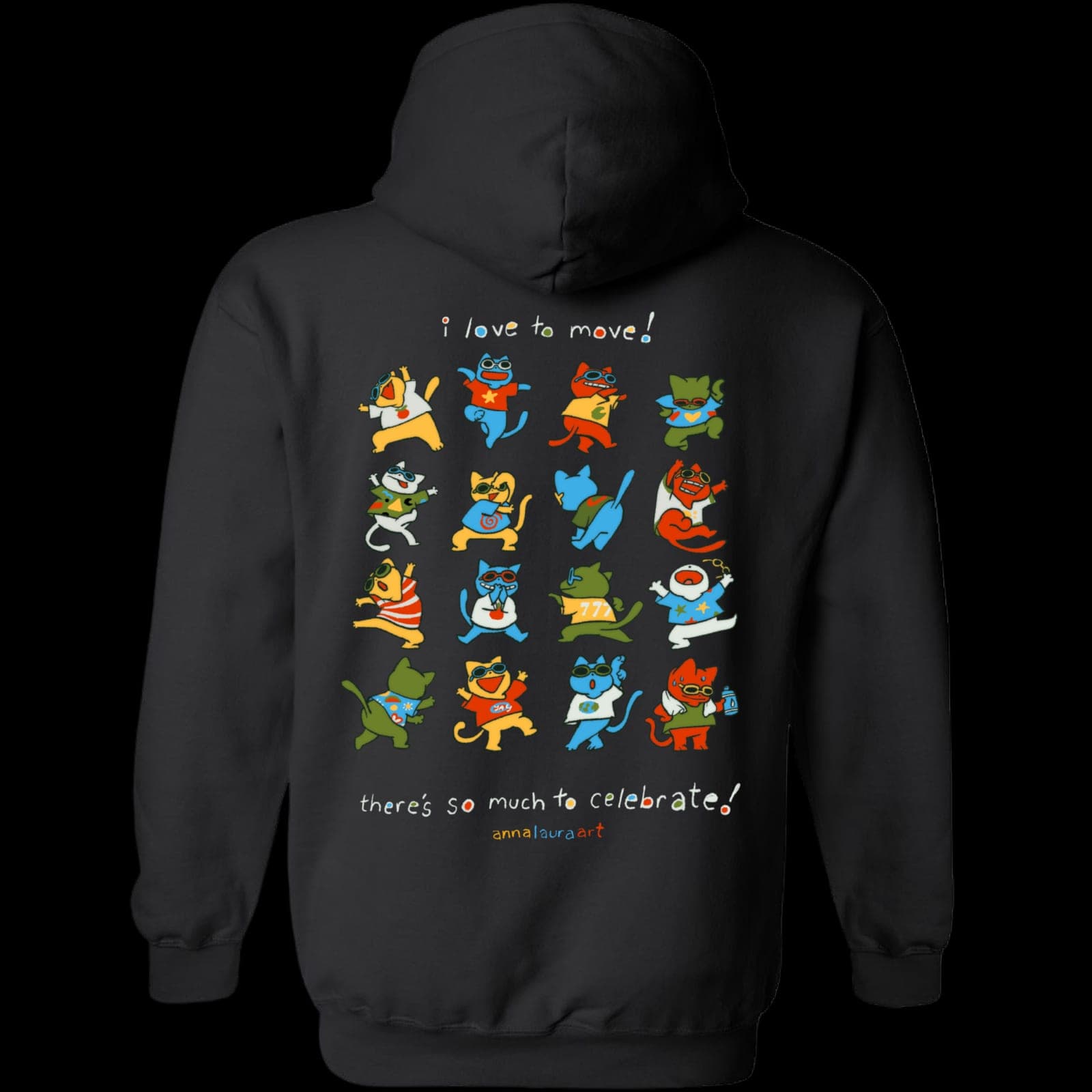 The back of the same black hoodie, printed with a grid of twenty small painted cats mid stretch and mid dance between two handwritten lines