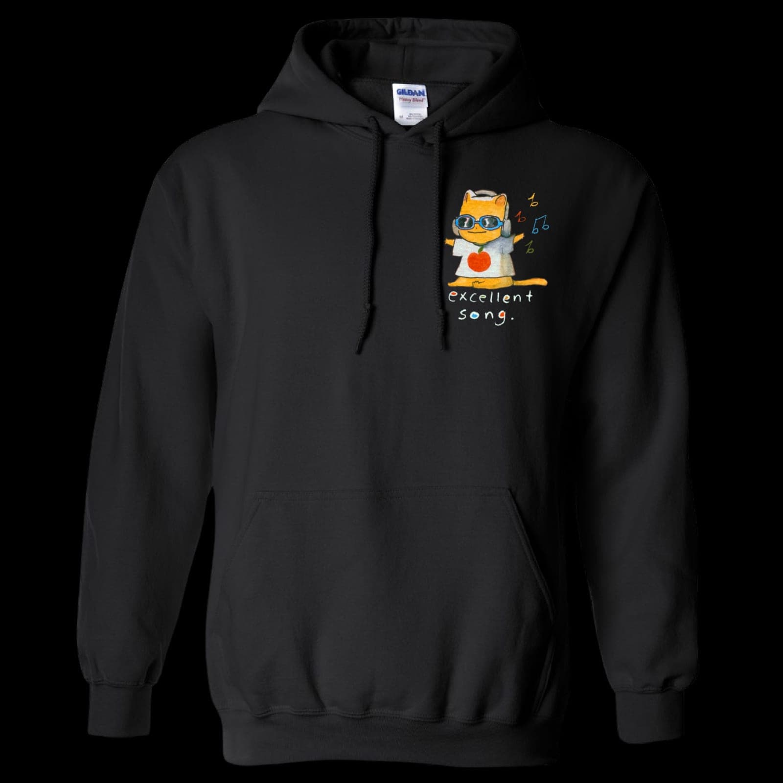 The black Excellent Song hoodie from the front, a small painted cat in sunglasses printed high on the left of the chest with music notes beside it