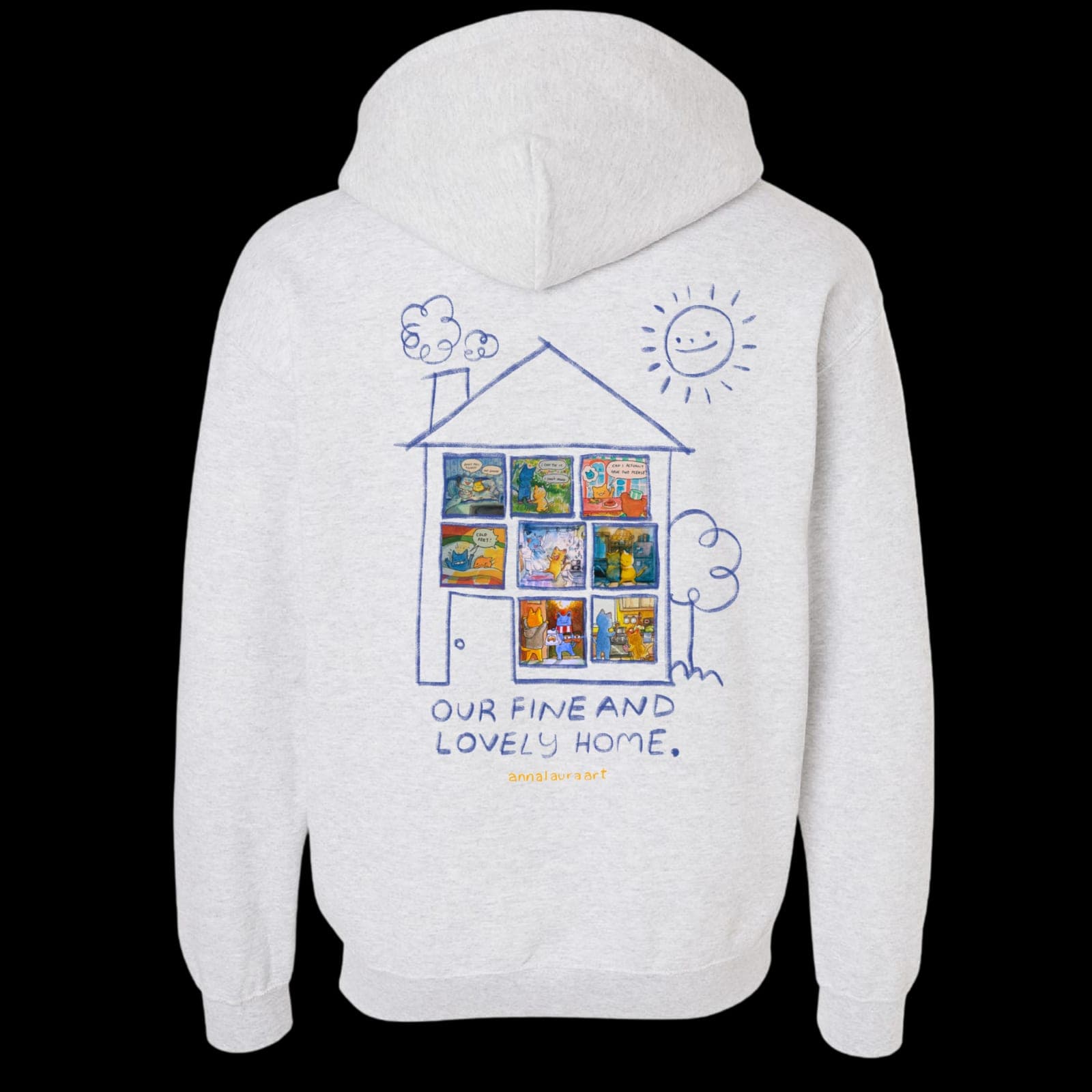 The back of the same grey hoodie, a drawn house whose windows are each filled with a different small colour painting, a sun in the corner