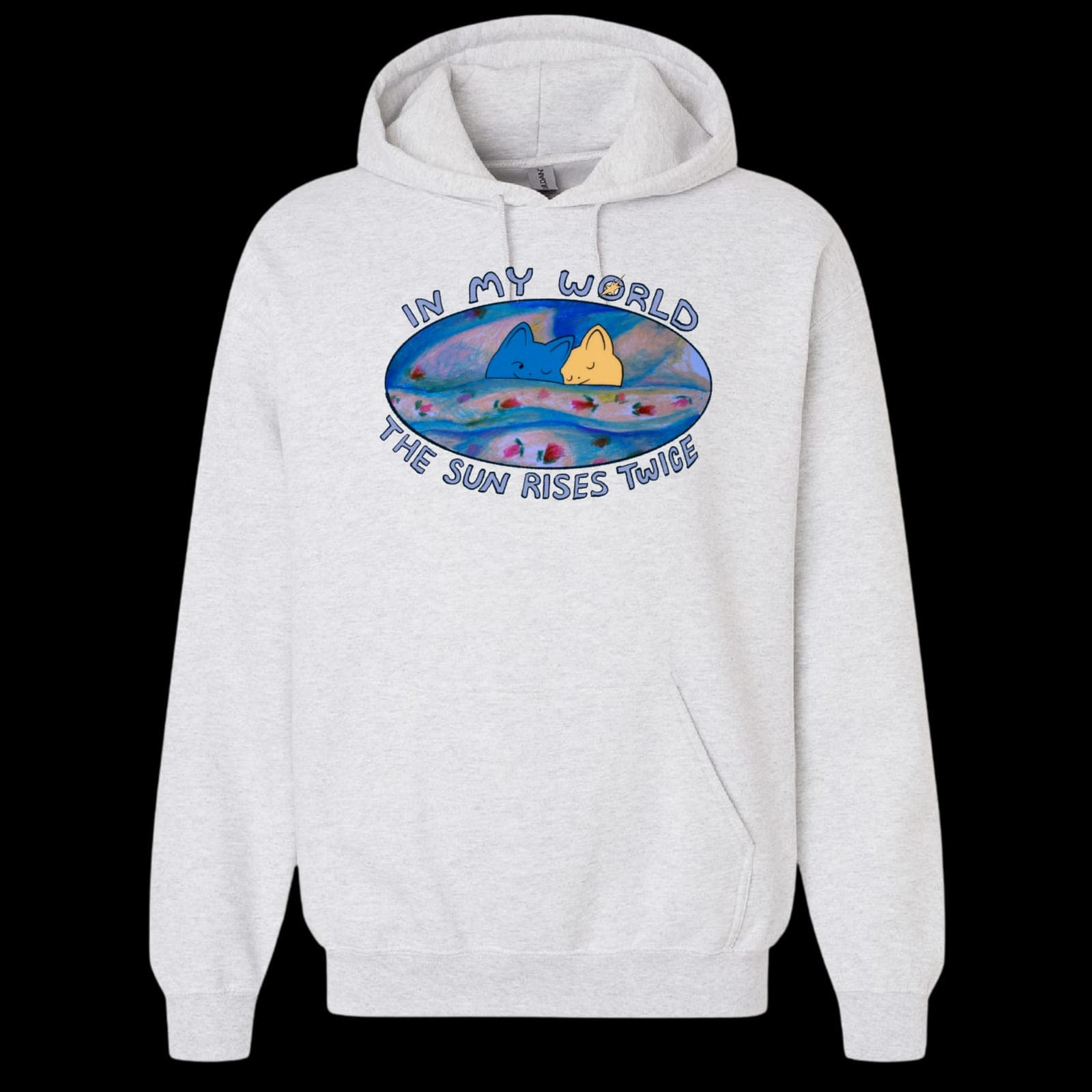 The heather grey Sunrise Twice hoodie from the front, an oval painted scene of a small island in blue water printed across the chest