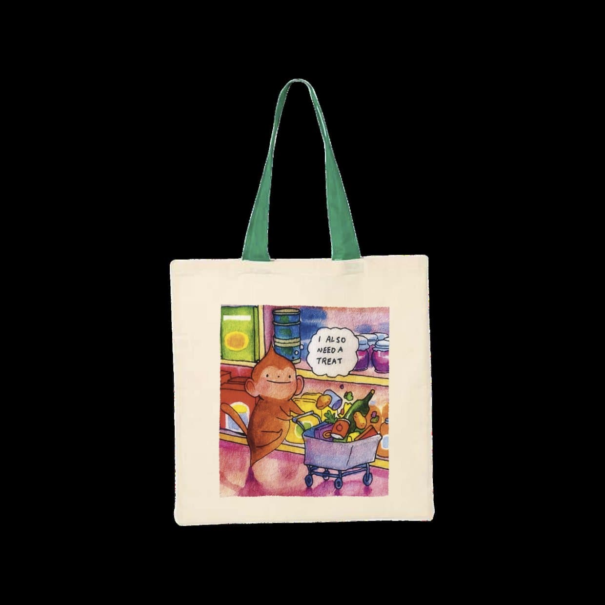 The Errands tote on a black ground, natural canvas with green handles and a painted panel of a cat pushing a trolley of groceries