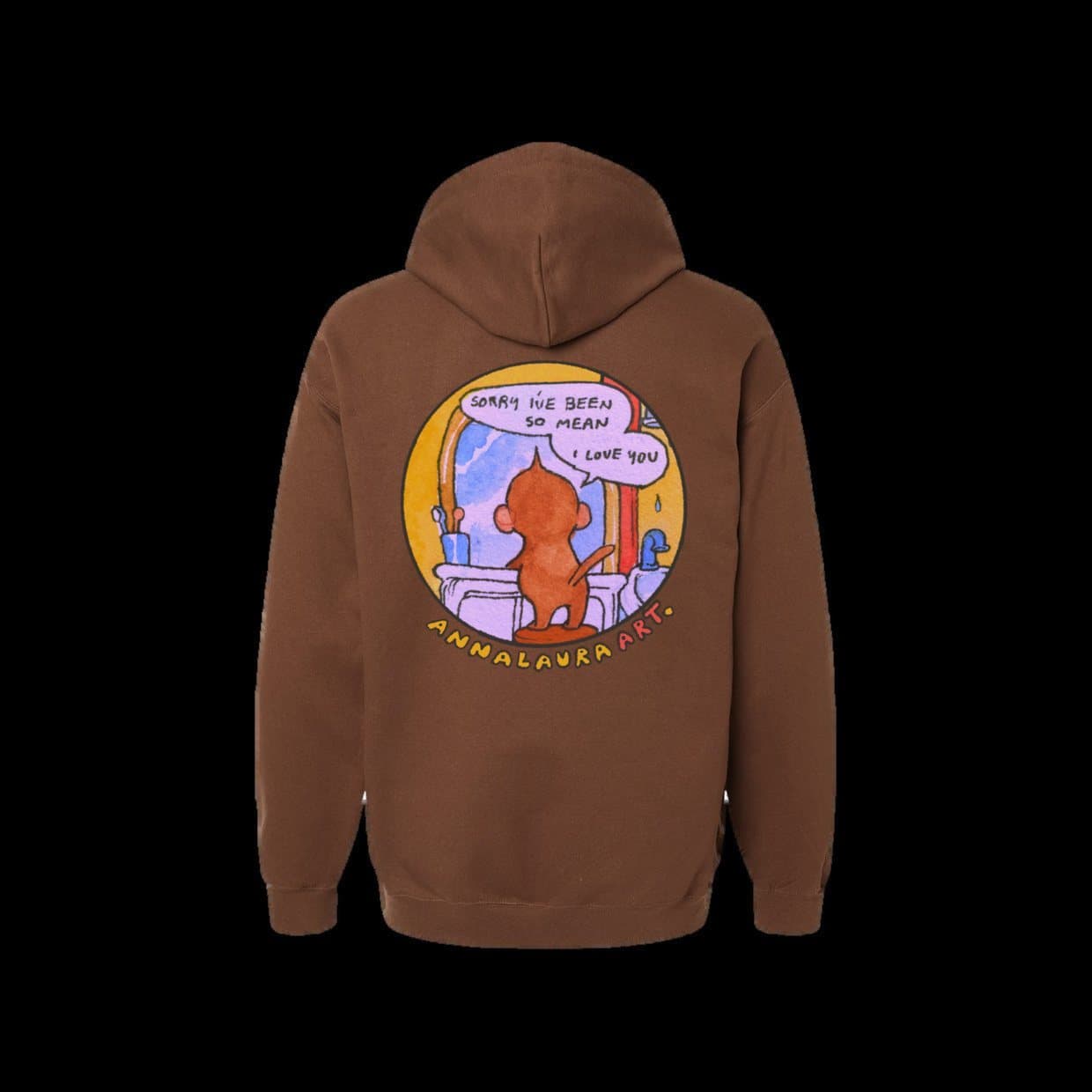 The back of the brown Sorry I've Been Mean hoodie on a black ground, a round painted panel printed between the shoulders