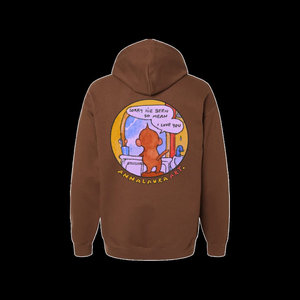 The back of the brown Sorry I've Been Mean hoodie on a black ground, a round painted panel printed between the shoulders