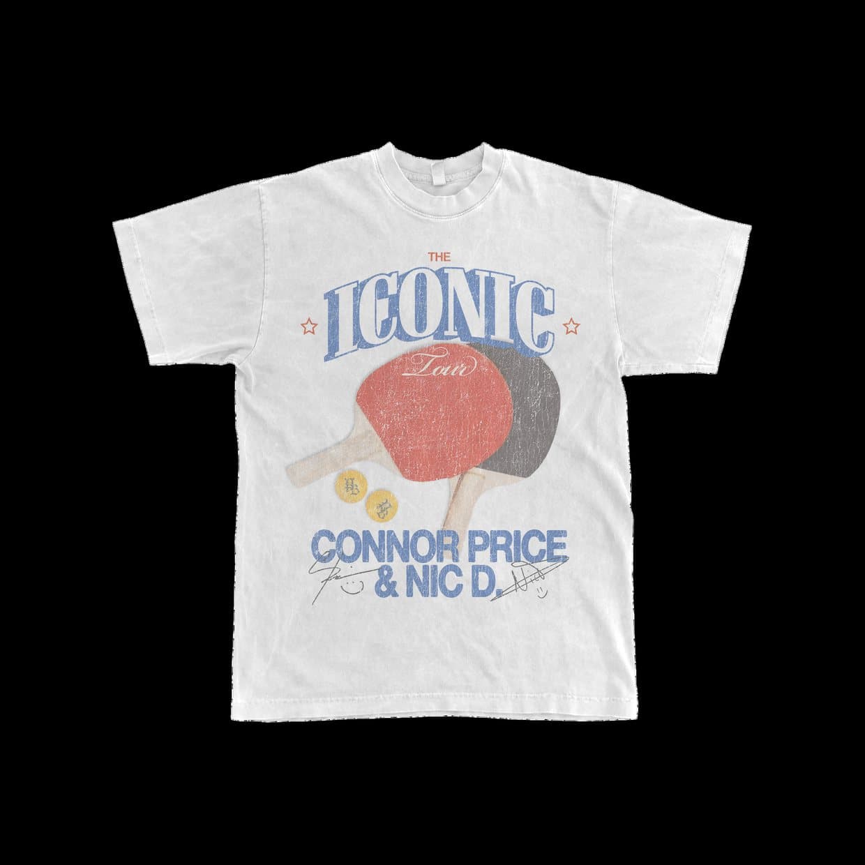 The white Iconic Tour tee on a black ground, printed with a table tennis bat and ball above the names Connor Price and Nic D.