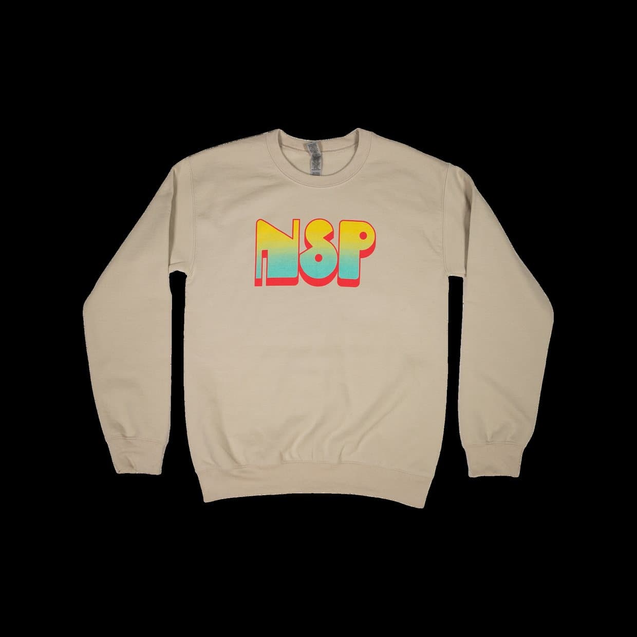 The sand coloured NSP 70s crewneck on a black ground, the letters N S P across the chest in rainbow stripes